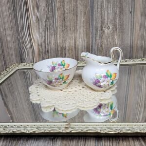 Vintage Royal Chelsea Individual Sugar Creamer, Berry/Floral, Scallop Gold